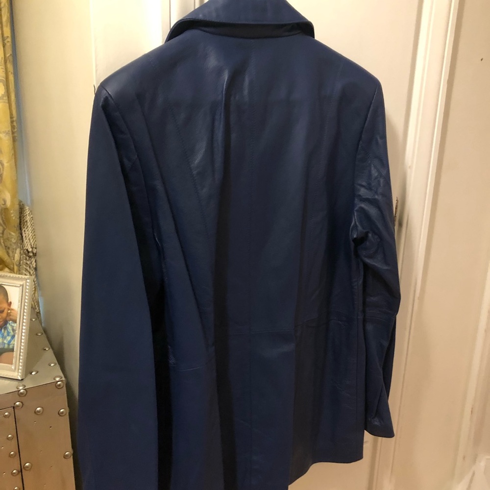 Blue Leather Button Front Collared Jacket - image 2